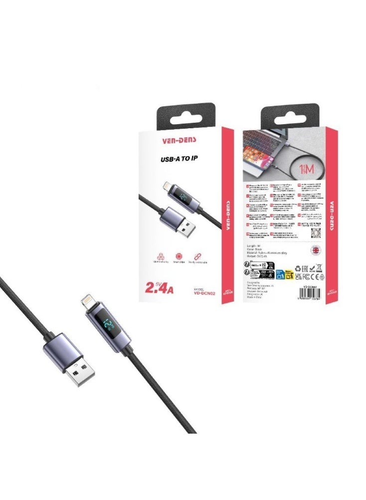 فين ديونز كابل USB-A إلى IP للشحن السريع ونقل البيانات بقوة 2.4 أمبير مع شاشة LED، كابل متين لأجهزة iPhone و iPad - طول 1 متر - Image 1